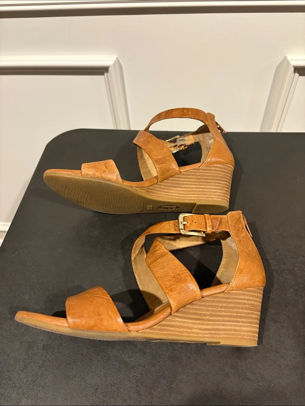Sofft Tan Leather Crisscross Wedge Sandals